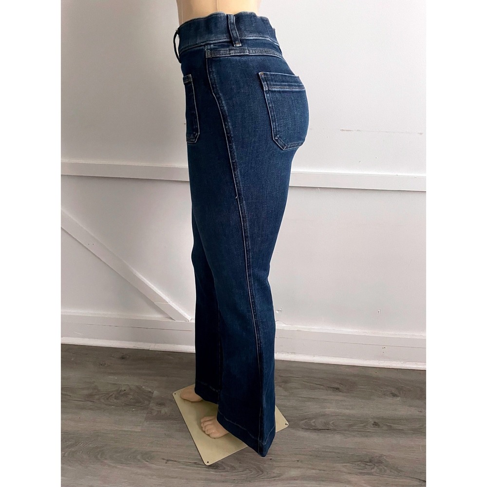Spanx Flare Jeans Dark Wash High Rise Pull On Shaping Denim Blue Pockets Small - Picture 3 of 7